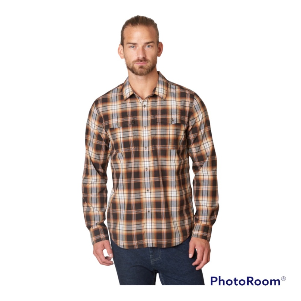 PRANA Avesta Long Sleeve Brown Plaid Button Down Shirt EUC Sz Large